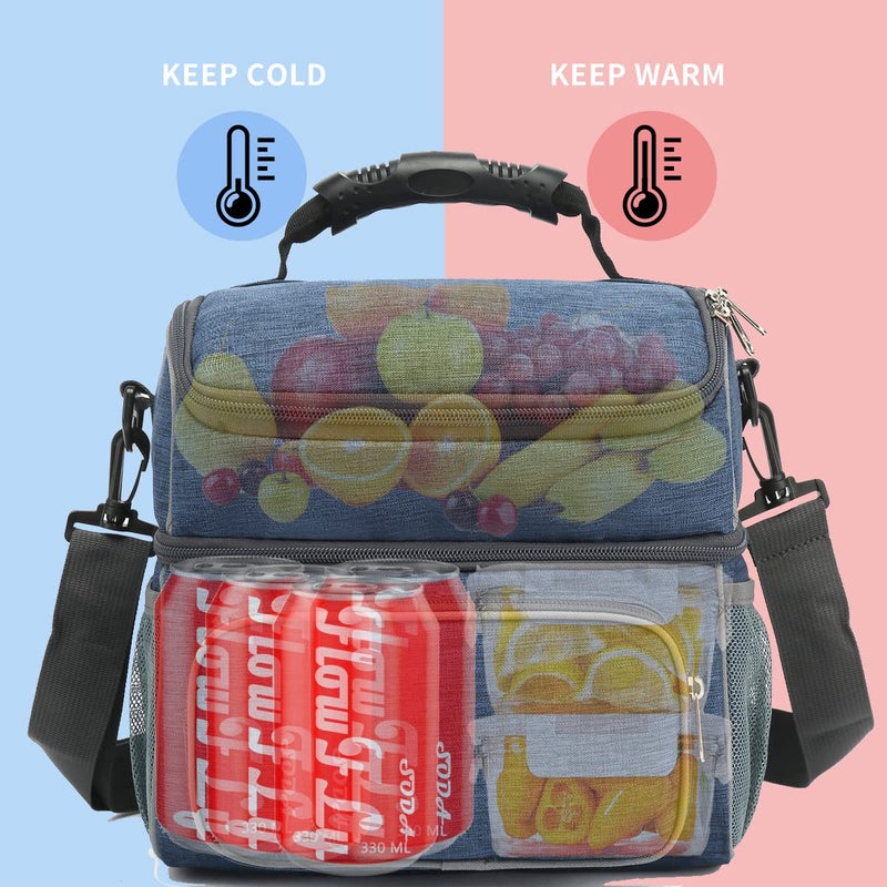 FlowFly Double Layer Cooler Insulated Lunch Bag Adult Lunch Box Large Tote Bag for Men, Women, With Adjustable Strap,Front Pocket and Dual Large Mesh Side Pockets,Navy - Image 2